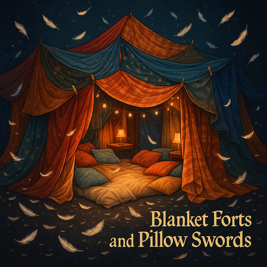 Album cover — Blanket Forts and Pillow Swords (cozy blanket fort with pillows and drifting feathers)