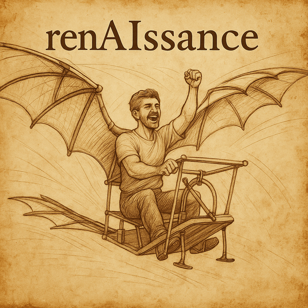 Album artwork: renAIssance — sepia sketch of a flying machine with winged rider
